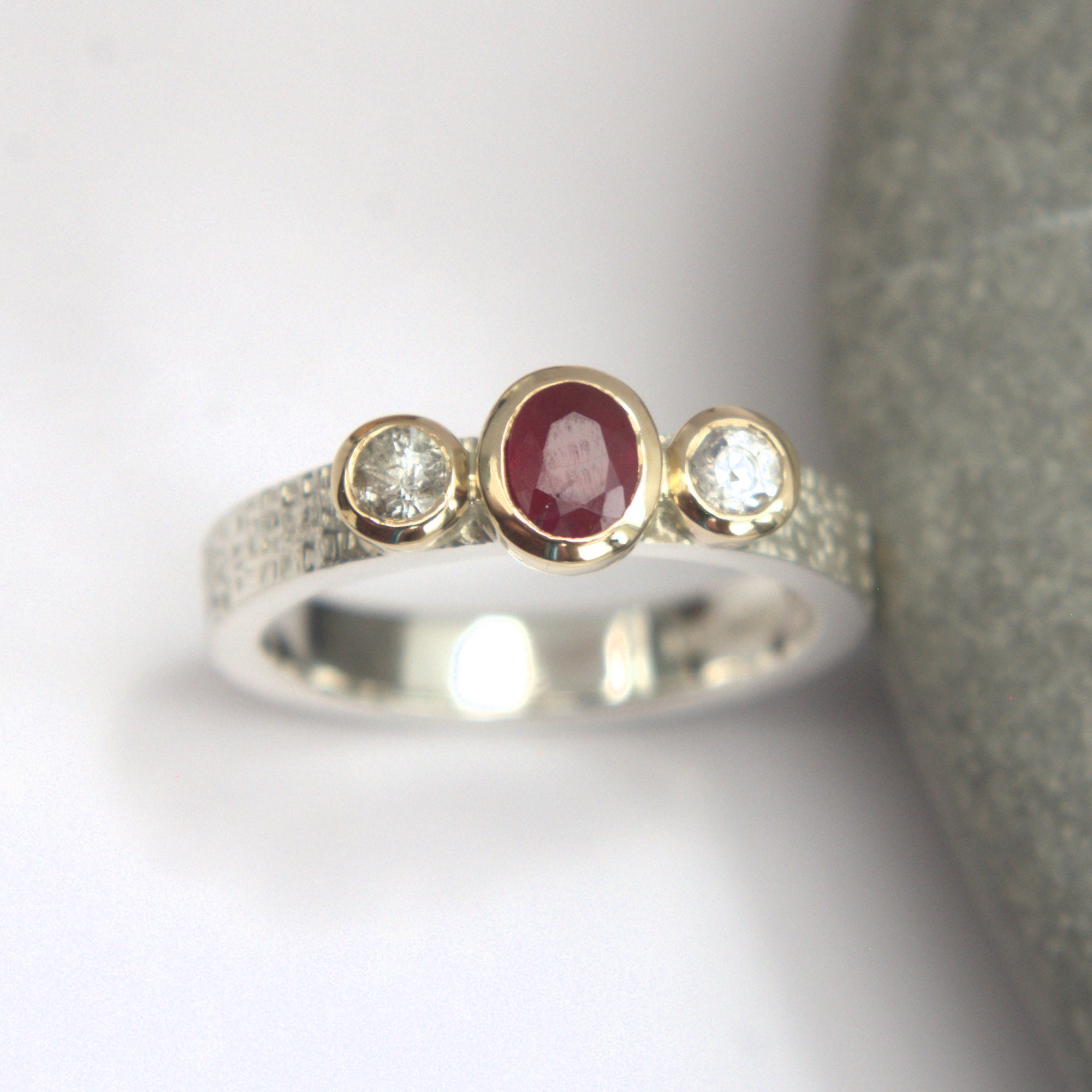 Ruby & White Sapphire Three Stone Gold and Silver Ring Bezel - Etsy UK