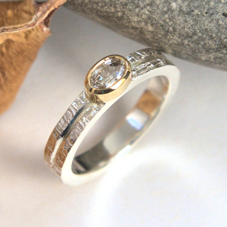 White Sapphire solitaire gold and silver ring bezel setting-wicker textured wedding ring MADE TO ORDER