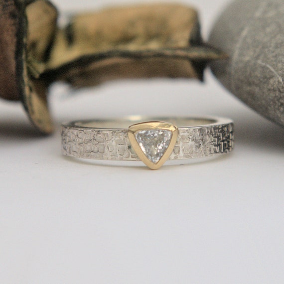 White Sapphire solitaire gold and silver ring bezel setting-wicker textured wedding ring MADE TO ORDER