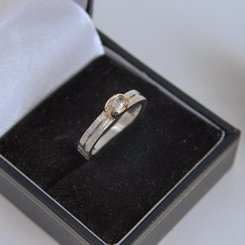 White Sapphire solitaire gold and silver ring bezel setting-wicker textured wedding ring MADE TO ORDER