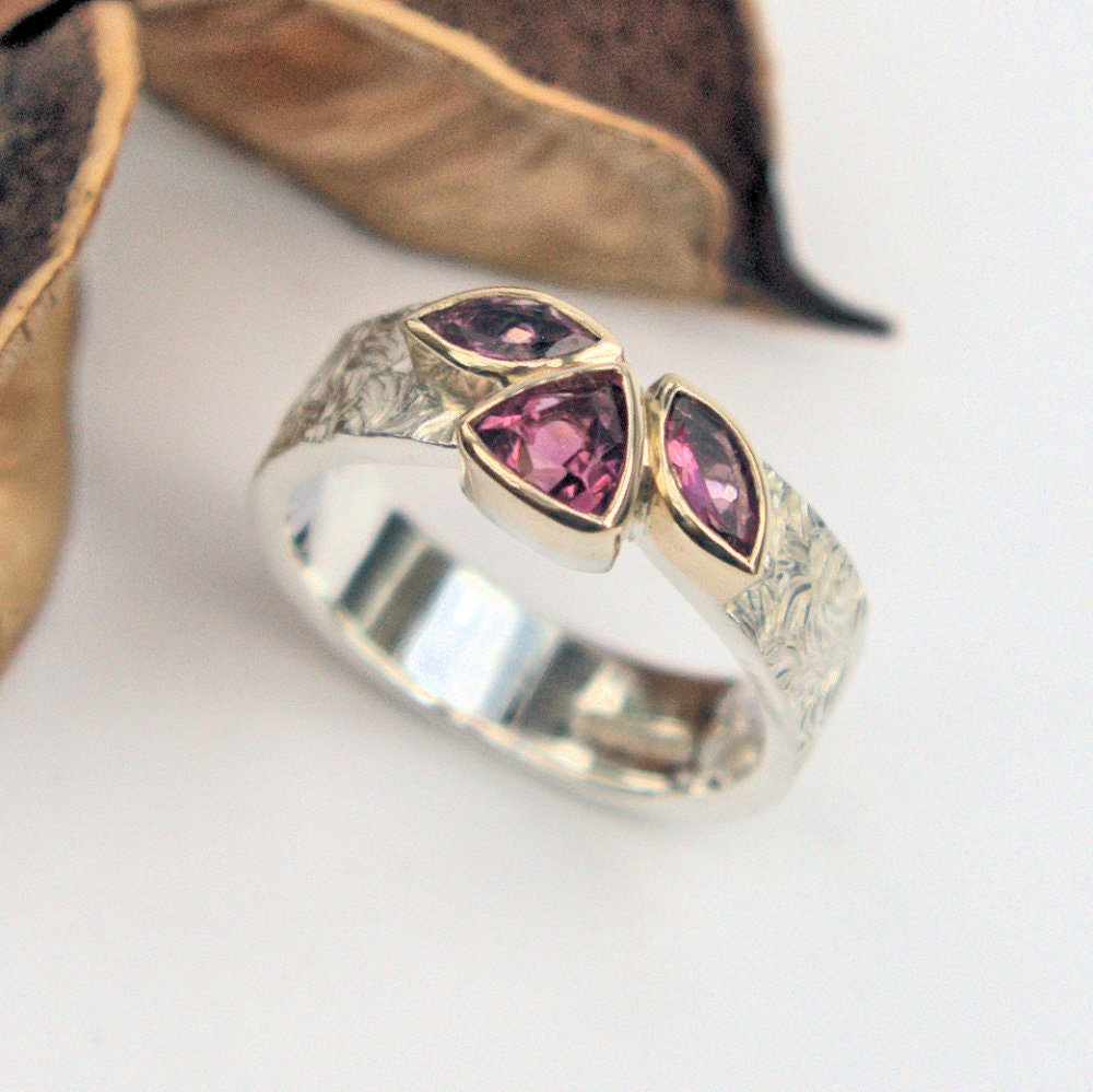 Pink Tourmaline multistone silver and gold finger ring gold | Etsy
