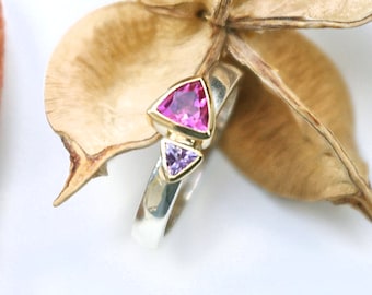 Pink Tourmaline & Amethyst trillions Silver and Gold Ring MADE TO ORDER