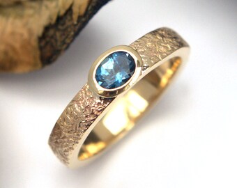 Aquamarine recycled gold ring  9ct yellow gold bezel setting rustic textured polished finish engagement wedding ring