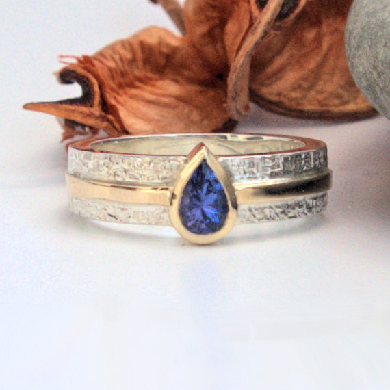 Tanzanite Pear Silver and Gold Solitaire Ring Bezel Setting Wicker