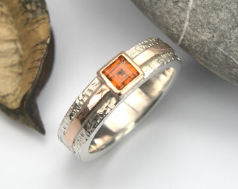 Madeira Citrine oro rosa y anillo de plata banda texturizada de mimbre raya de oro HECHO A PEDIDO