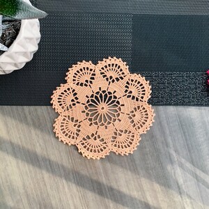 Peach crocheted round doily, lace doily for wedding/home decor, 7 inch doily