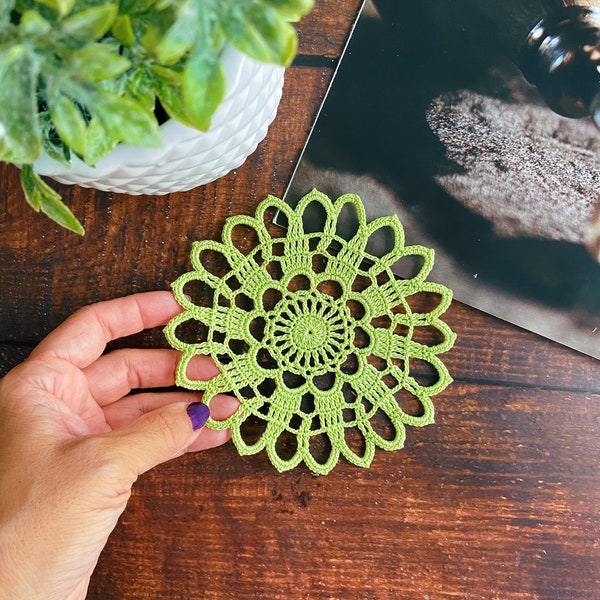 Lime green crocheted doily, lace doily for wedding/home decor, table centerpiece, 5 inch doily for dream catcher, gift idea, placemat