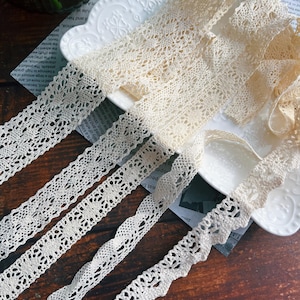 1 mètre dans 5 modèles uniques ; Dentelle de coton bricolage, dentelle de fil de coton beige ; dentelle de scrapbooking, bordure en dentelle vintage beige ; projet de mariage