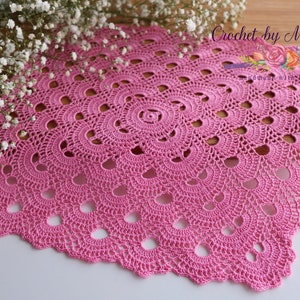 Pink square crocheted doily, lace doily for wedding/home decor, table centerpiece, 11 inch doily