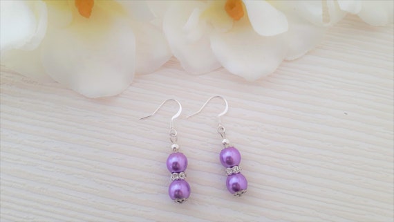 Purple pearl earrings wedding accessories Small gift Bridal | Etsy