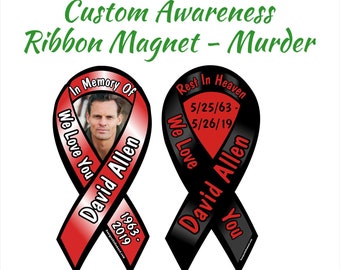 May include: Two black and red ribbon magnets with the text "In Memory Of" and "Rest In Heaven" on them. The ribbon on the left has a photo of a man and the text "We Love You David Allen 1963-2019". The ribbon on the right has the text "We Love David Allen You 5/25/63-5/26/19".