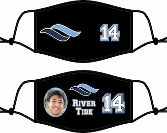 May include: Two black face masks with adjustable straps. The top mask has a blue wave design and the number 14. The bottom mask has a blue wave design, the words "River Tide", and the number 14. The bottom mask also has a photo of a young person.