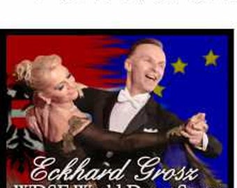 May include: A rectangular patch measuring 4 cm x 5 cm featuring a ballroom dancing couple. The text reads Eckhard Grosz and WDSF World DanceSport. The background displays a red and black flag on the left and a blue flag with yellow stars on the right.