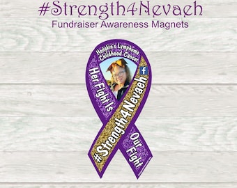 May include: Purple ribbon with gold glitter and the text "#Strength4Nevaeh" and "Her Fight Is Our Fight". A photo of a woman is in the center of the ribbon. The ribbon is a symbol of support for someone with Hodgkin's Lymphoma.