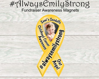 May include: Yellow ribbon awareness magnet with a photo of a young girl and the text "Sami's Sendoffs", "Childhood Cancer Awareness", "Our Angel", and "#AlwaysEmilyStrong".