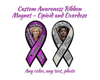 Personalized opioid and overdose awareness ribbon magnet - add photo or logo, name, dates, message