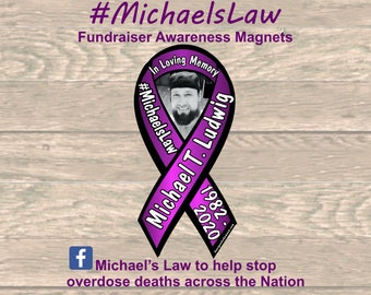 May include: Purple awareness ribbon magnet with a photo of a man and the text "#MichaelsLaw Michael T. Ludwig 1982-2020" and the text "#MichaelsLaw Fundraiser Awareness Magnets" at the top.  The text "Michael's Law to help stop overdose deaths across the Nation" is at the bottom of the image.