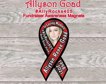 May include: Red ribbon with a black border and a photo of a woman. The ribbon has the text "Allyson Renee Goad 1998-2021" and "#AllyRocks405 Drunk Driver Victim" on it. The ribbon is a symbol of awareness for drunk driving victims.