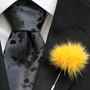 Lapel Pin, Boutonniere, Fur Lapel Pin, Yellow Mink Fur Pom Pom, Men&#39;s Lapel Pin, Boutonniere Pin, Groom, Groomsmen, Black Tie, NEW Design!