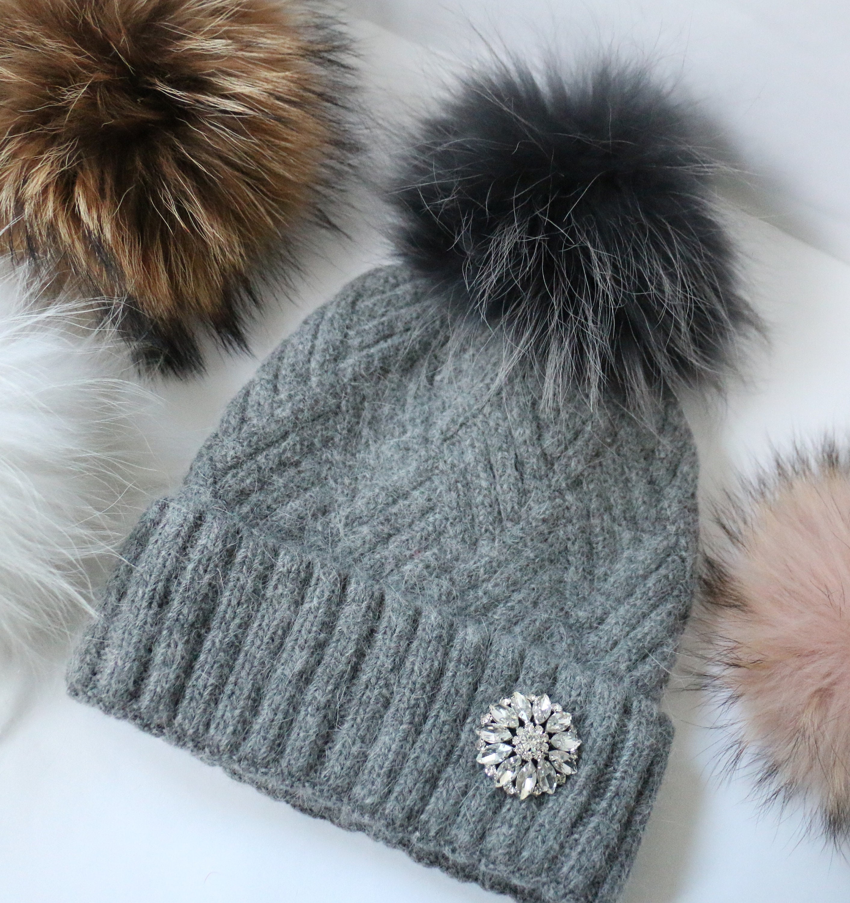 Gray Cable Knit Beanie, Cashmere Wool Hat, Detachable 