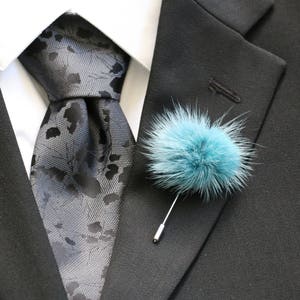 Lapel Pin, Boutonniere, Fur Lapel Pin, Turquoise Mink Fur Pom Pom, Men&#39;s Lapel Pin, Boutonniere, Groom, Groomsmen, Black Tie, NEW Design!