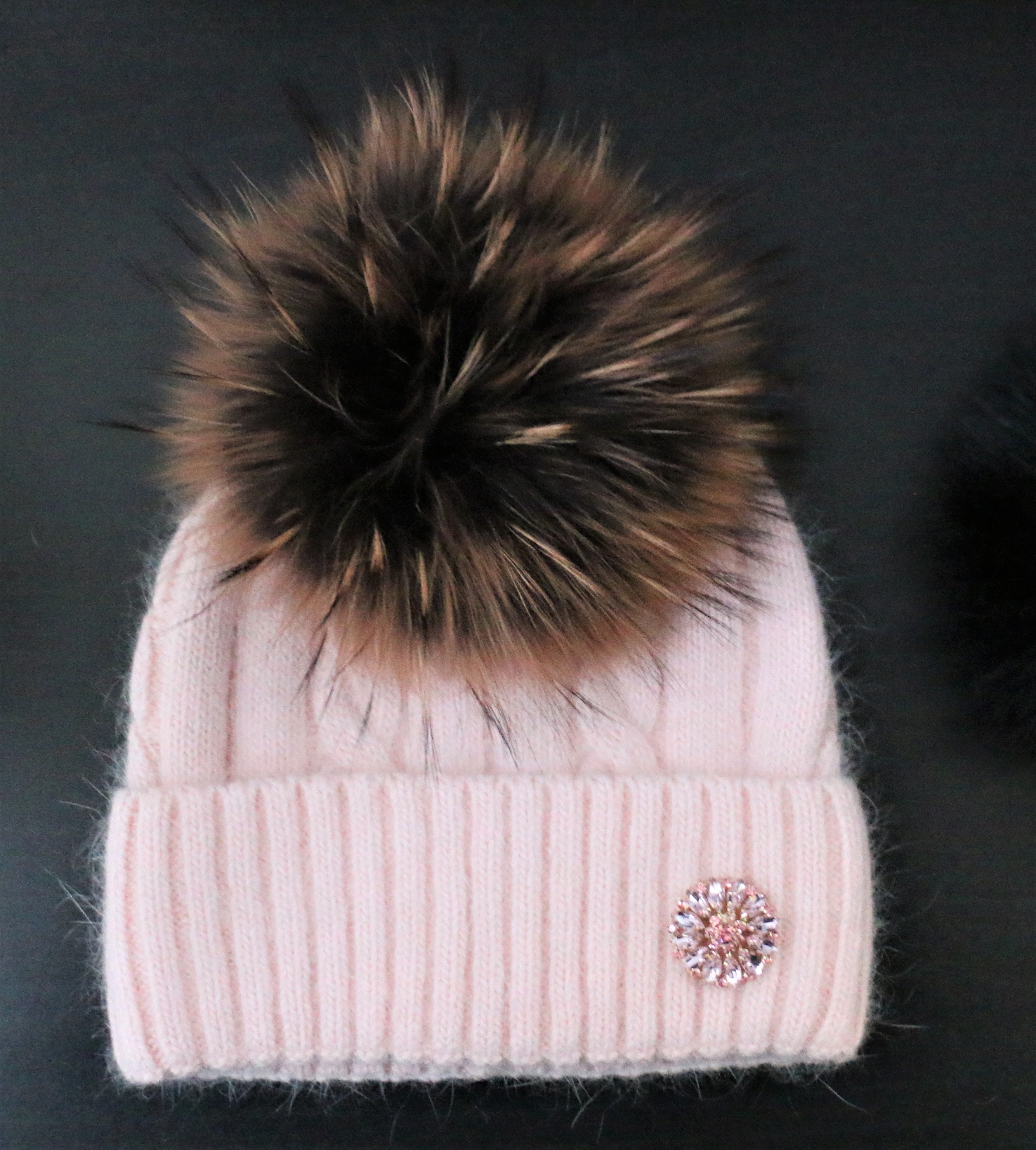 Mink Hat with Pink Pom-Poms – Brand New Shop Kids Knit Hat with Faux Fur Poms | Winter Hats for  main image 2