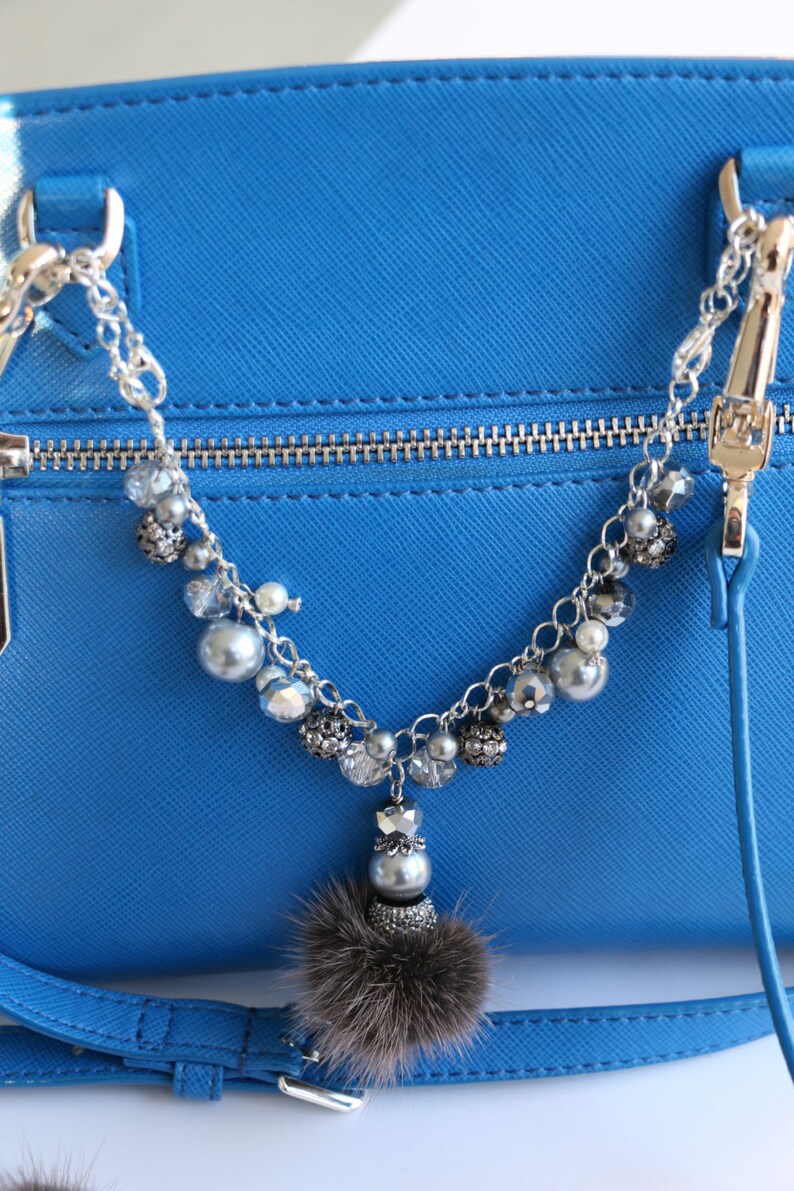 Bag Charm Chain and Beaded Fur Pendant with Swarovski Crystal Etsy