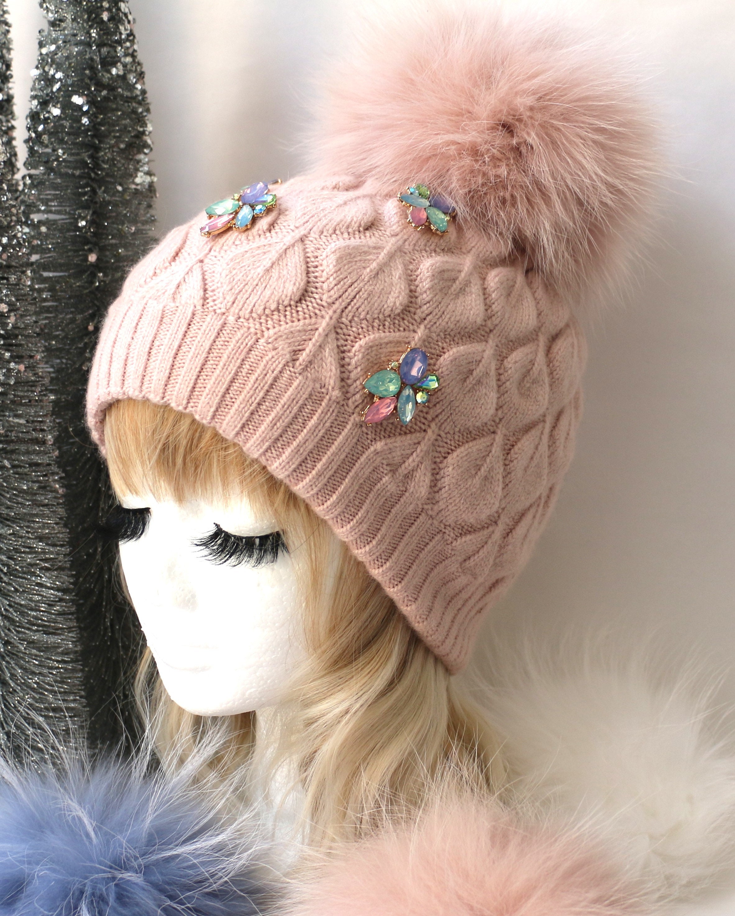 95% Cashmere 5% Merino Wool Hat with Raccoon Pom Pink Hot Pink Knit Beanie with Finn Raccoon Pom Pom: FurHatWorld.com main image 2