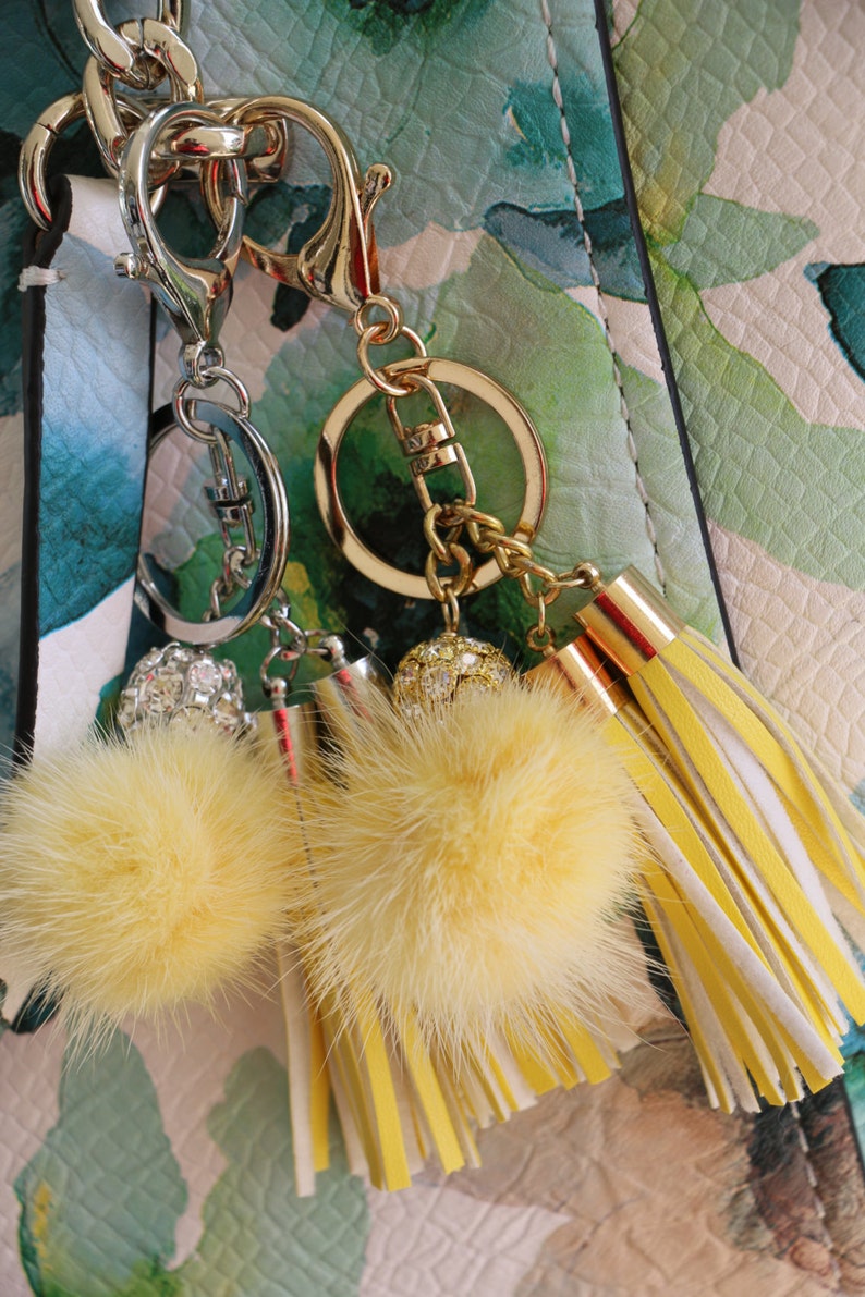 Fur Pom Pom and Leather Tassels Key Chain and Purse Accessory Etsy