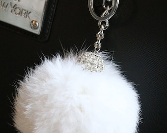 Fur Pom-Pom Key Chain and Purse Accessory, White Rabbit Fur