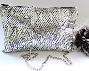 Handbags, Clutches, Purses, Pouches, Bags, Evening Bags, Shoulder Bags, Wristlets, Silver and Gray Metallic Leather