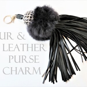 Fur Pom Pom Key Chain, Purse Charm, Leather Tassel, Key Chain, Purse Charm, Key Fob, Bag Charm, Extra Large