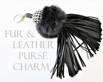 Fur Pom Pom Key Chain, Purse Charm, Leather Tassel, Key Chain, Purse Charm, Key Fob, Bag Charm, Extra Large