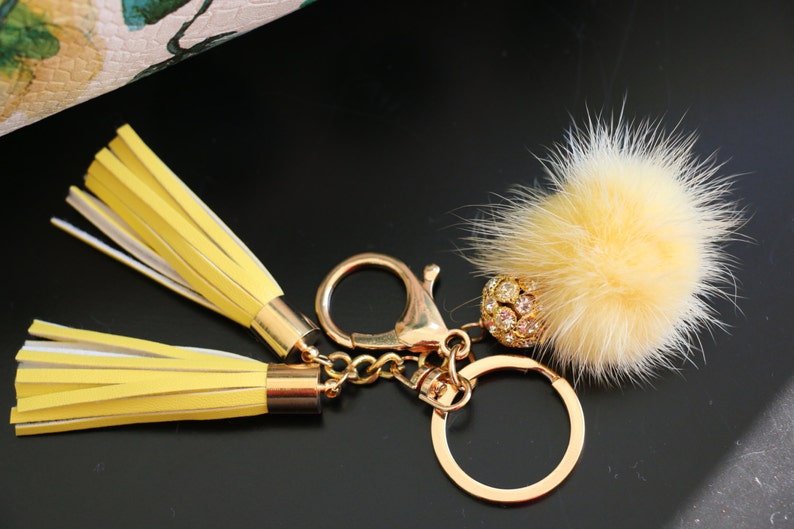 Fur Pom Pom and Leather Tassels Key Chain and Purse Accessory Etsy