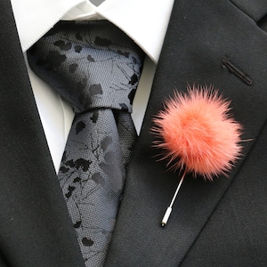 Lapel Pin, Boutonniere, Fur Lapel Pin, Peach Mink Fur Pom Pom, Men&#39;s Lapel Pin, Boutonniere Pin, Groom, Groomsmen, Black Tie, NEW Design!
