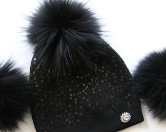 Embellished Beanie, Women's Cashmere Wool Knit Beanie with Detachable Genuine Fur Pom-Pom Black Beanie and Black Fur Pom, NEW!