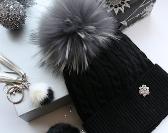 Fur Pom Pom Hat, Beanie, Cashmere Wool Knit Blend Beanie Hat with Detachable Genuine Raccoon Fur Pom-Pom Black Beanie and Gray Fur