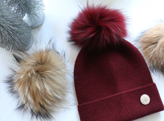 Gift for Her, Two Fur Pom Poms, Cashmere Wool Knit Blend  display picture 3