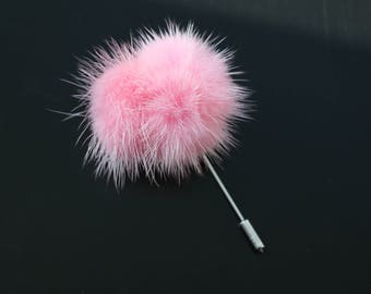 Lapel Pin, Boutonniere, Fur Lapel Pin, Pink Mink Fur Pom Pom, Men's Lapel Pin, Boutonniere Pin, Groom, Groomsmen, Black Tie, NEW Design!