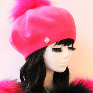 Cashmere Beret Hat, Cashmere Knit Wool Blend Beret, Genuine Fur Pom Pom, NEW, Just Listed WINTER 2023 image 9