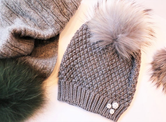 Fur Pom Pom Hat, Gray Embellished Beanie, Cable Knit Beanie  display picture 3