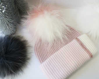 Pink Cashmere Beanie Hat, Pom Pom Hat, Cashmere Knit Beanie, Cable Knit Beanie, Detachable Genuine Fur Pom, NEW 2022! JUST LISTED!