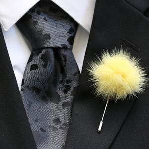 Lapel Pin, Boutonniere, Fur Lapel Pin, Yellow Mink Fur Pom Pom, Men&#39;s Lapel Pin, Boutonniere Pin, Groom, Groomsmen, Black Tie, NEW Design!