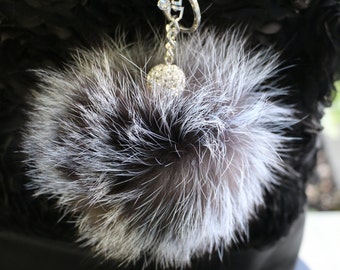 Fur Pom-Pom Key Chain and Purse Accessory, Silver Fox Fur, New Design
