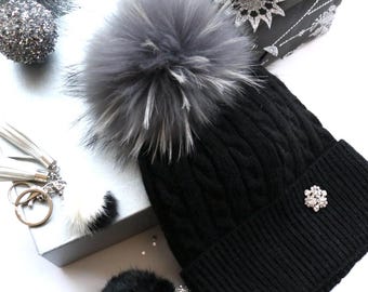 Black Cashmere Blended French Beret with Raccoon Fur Pom Hat Angora Berets — Valette Designs main image 3