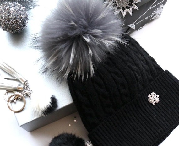 Fur Pom Pom Hat, Black Beanie, Cashmere Wool Knit Blend  display picture 3