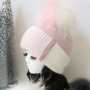 Pink Cashmere Beanie Hat, Pom Pom Hat, Cashmere Knit Beanie  display picture 1