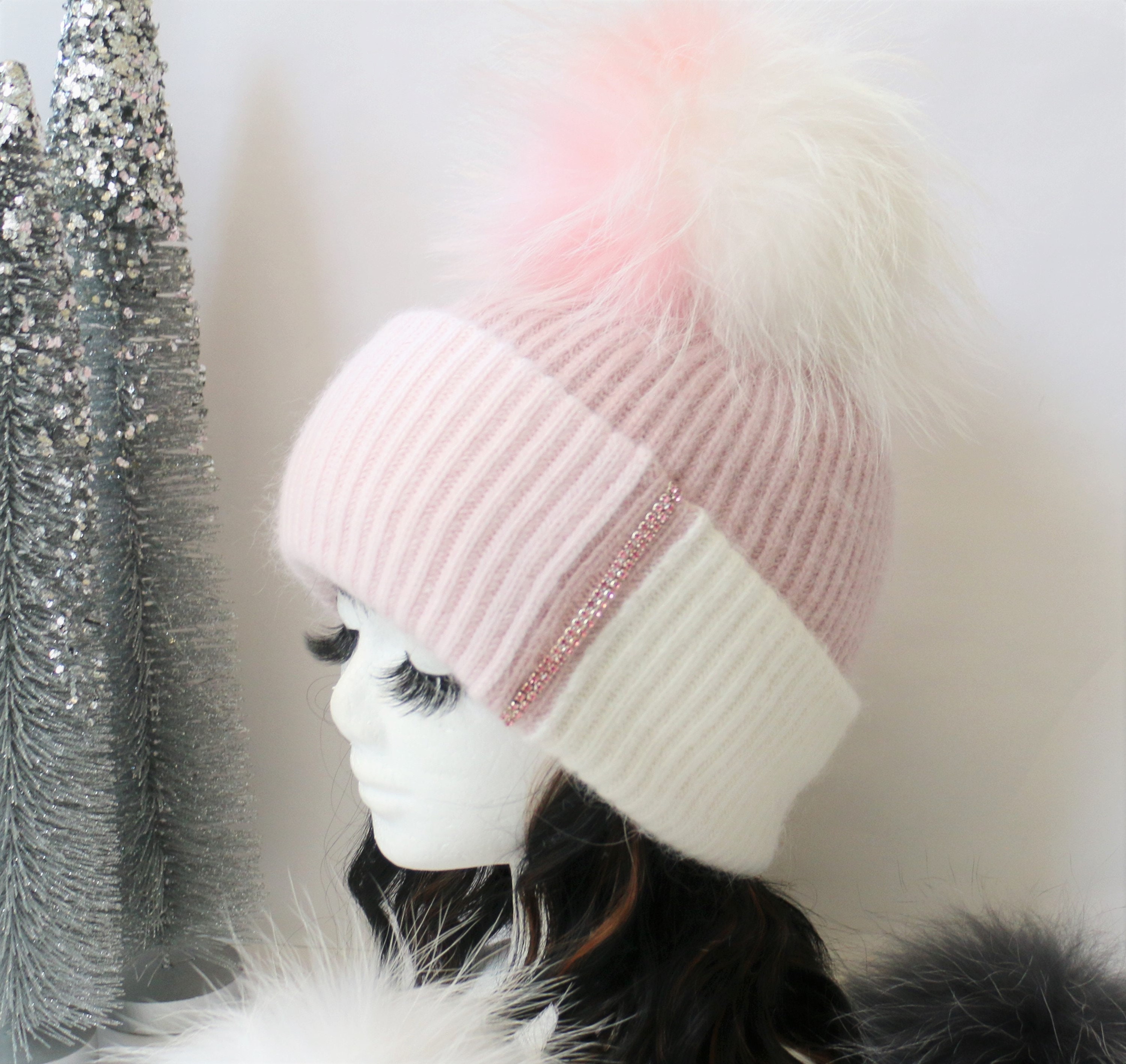 Pink Cashmere Beanie Hat, Pom Pom Hat, Cashmere Knit Beanie  display picture 2