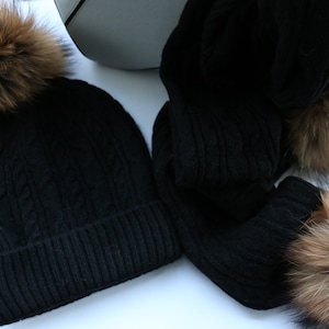 Fur Pom Pom Hat and Scarf Set, Cashmere Wool Knit Blend Beanie Hat, Gloves, Scarf Set, Raccoon Fur Pom Black Beanie, Natural Fur, NEW!