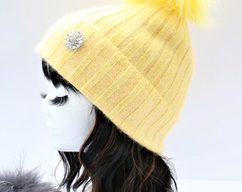 Cable Knit, Beanie, Cashmere Wool Knit Blend Beanie Hat with Detachable Genuine Raccoon Fur Pom-Pom Yellow Beanie and Fur, NEW! JUST LISTED!